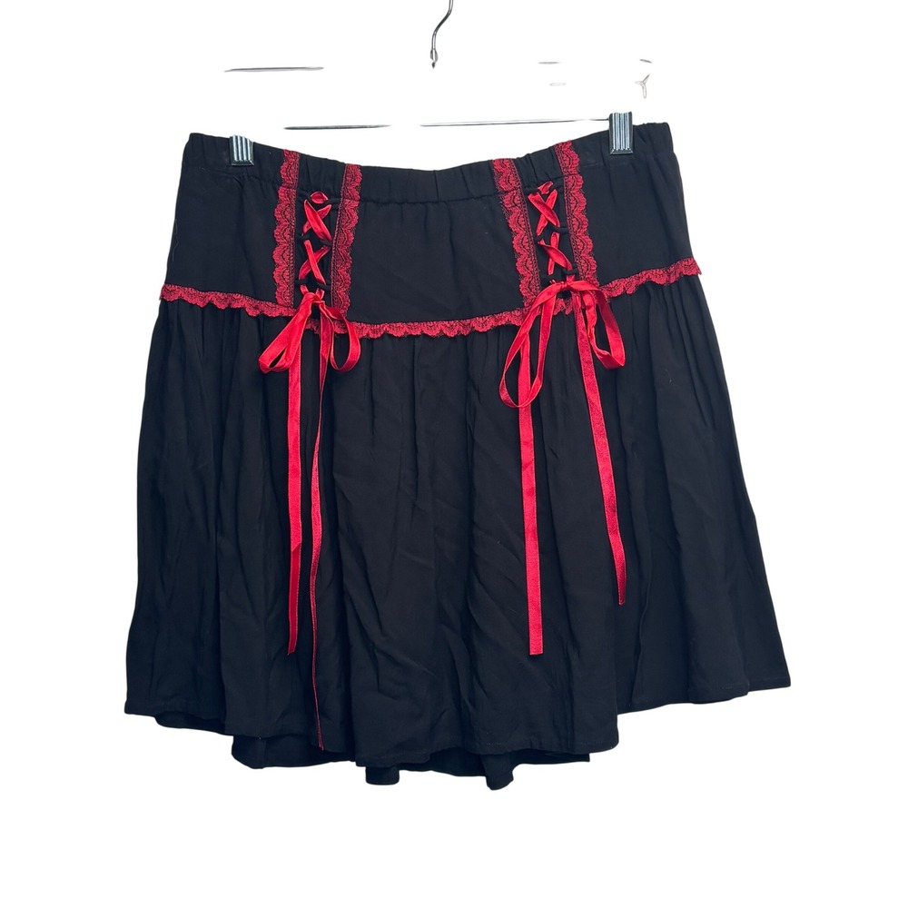 Hot Topic Mini Skirt Black Red‎ Lace Up Bow Goth Whimsigoth Coquette Edgy M